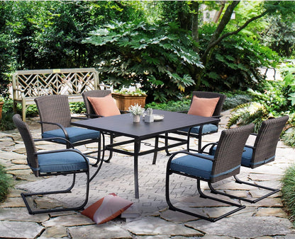 Grand patio Outdoor Dining Table Set of 7, Modern Woodgrain-Look Steel Table with Umbrellas Holes&C-Spring Motion Wicker Chairs for 6, Patio Furniture for Garden (Peacock Blue, Rectangular) - CookCave