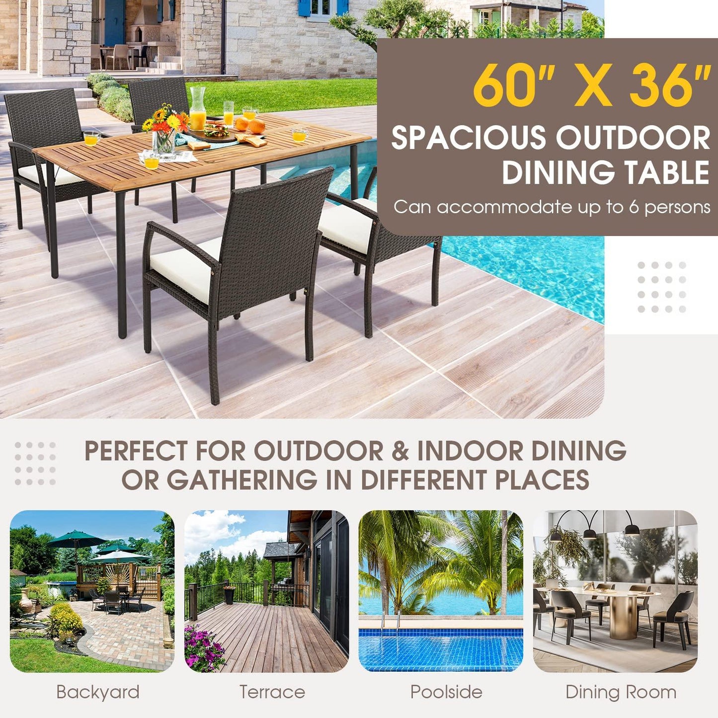 Tangkula Patio Acacia Wood Dining Table for 6 Persons, Large Rectangular Dining Table with Metal Legs, Umbrella Hole, Farmhouse Indoor Outdoor Dining Furniture for Yard Deck Lawn, 63”L x 36”W x 30”H - CookCave