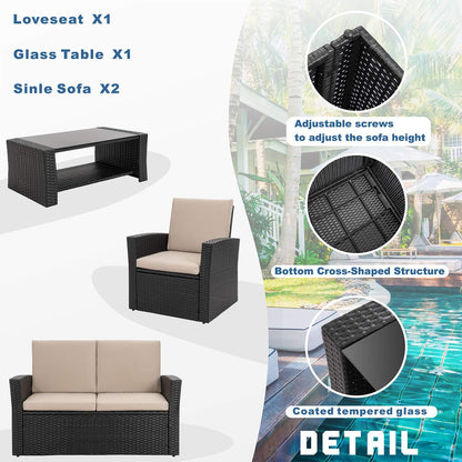 Shintenchi 4-Piece Outdoor Patio Furniture Set, Wicker Rattan Sectional Sofa Couch with Glass Coffee Table | Black - CookCave