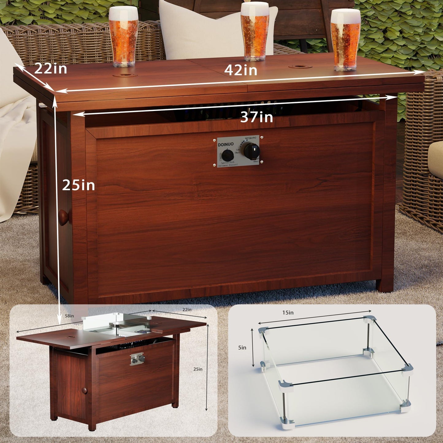 DOINUO 42IN Rectangular Propane Fire Pit Table with Tempered Glass, Removable Desktop, Gas Firepit Table with Glass Beads & Metal Lid, Perfect for Patio & Backyard(Brown) - CookCave