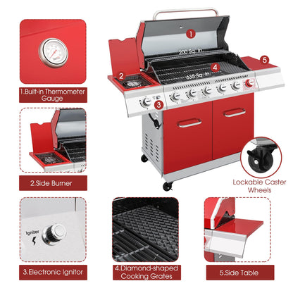 Royal Gourmet GA6402R 6-Burner BBQ Propane Gas Grill with Sear Burner and Side Burner, 74,000 BTU, Cabinet Style Barbecue Grill for Outdoor Grilling and Backyard Cooking, Red - CookCave