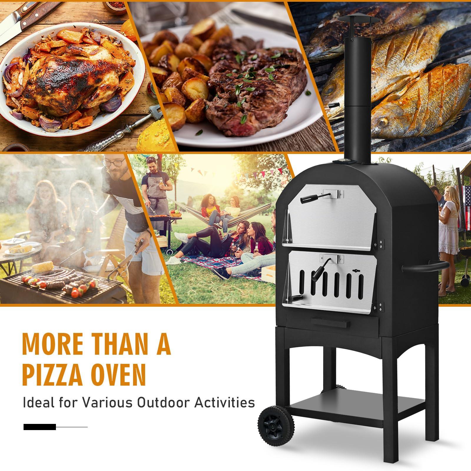 Happygrill Outdoor Pizza Oven Wood Fired Pizza Maker with 2 Wheels, Built-in Thermometer, Pizza Stone, Pizza Peel, Waterproof Cover, Portable Pizza Oven Heater for Barbecue Picnic Camping - CookCave