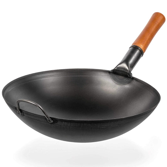 YOSUKATA Carbon Steel Wok Pan - 14 “ Woks and Stir Fry Pans - with Round Bottom Wok - Traditional Chinese Japanese Woks - Black Steel Wok - CookCave