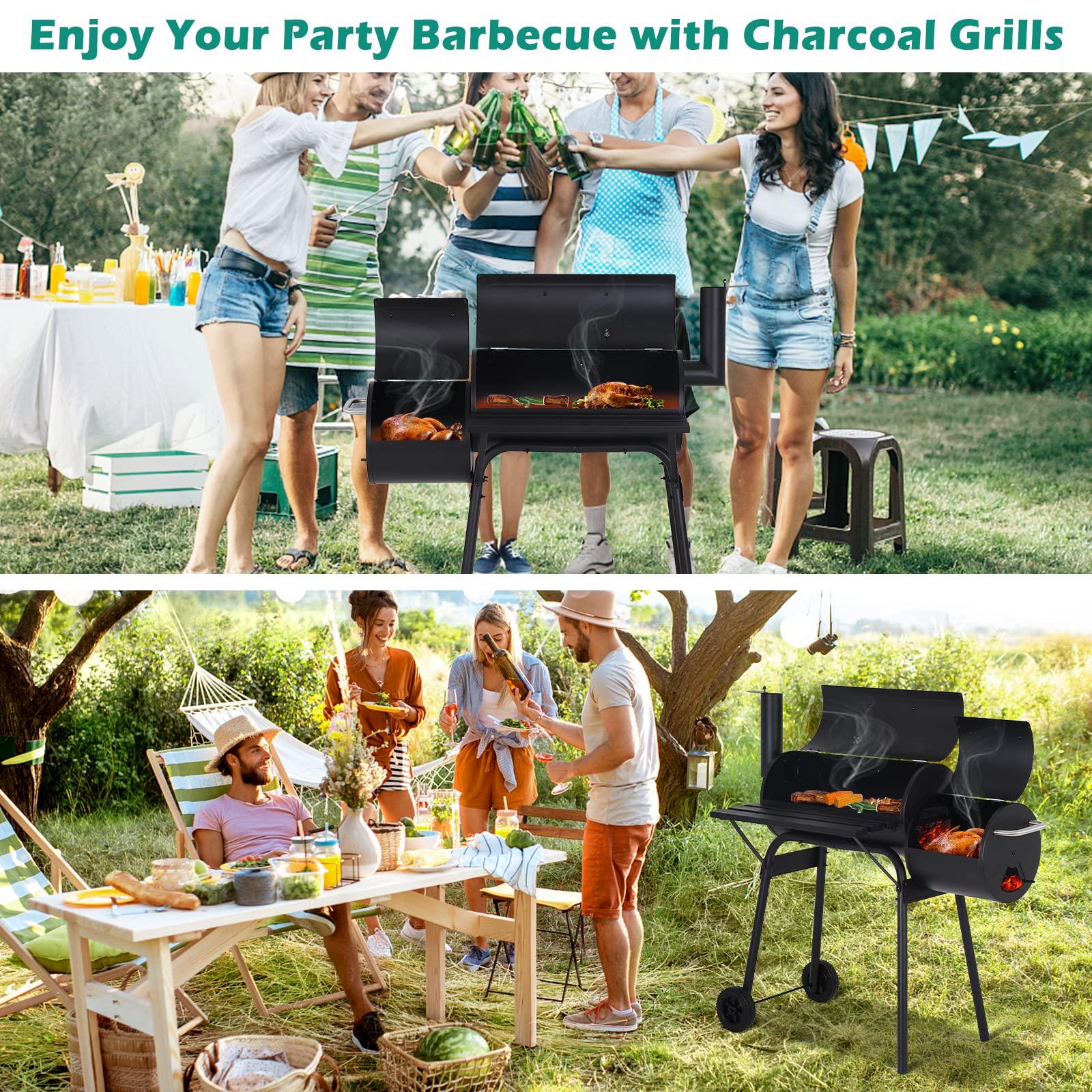 Charcoal Grills 43’’ Outdoor BBQ Grill Camping Grill, Stainless Steel Grill Offset Smoker with Cover, Portable Grill Patio Backyard Camping BBQ Barbecue Grill for Picnic Camping Party, Black - CookCave