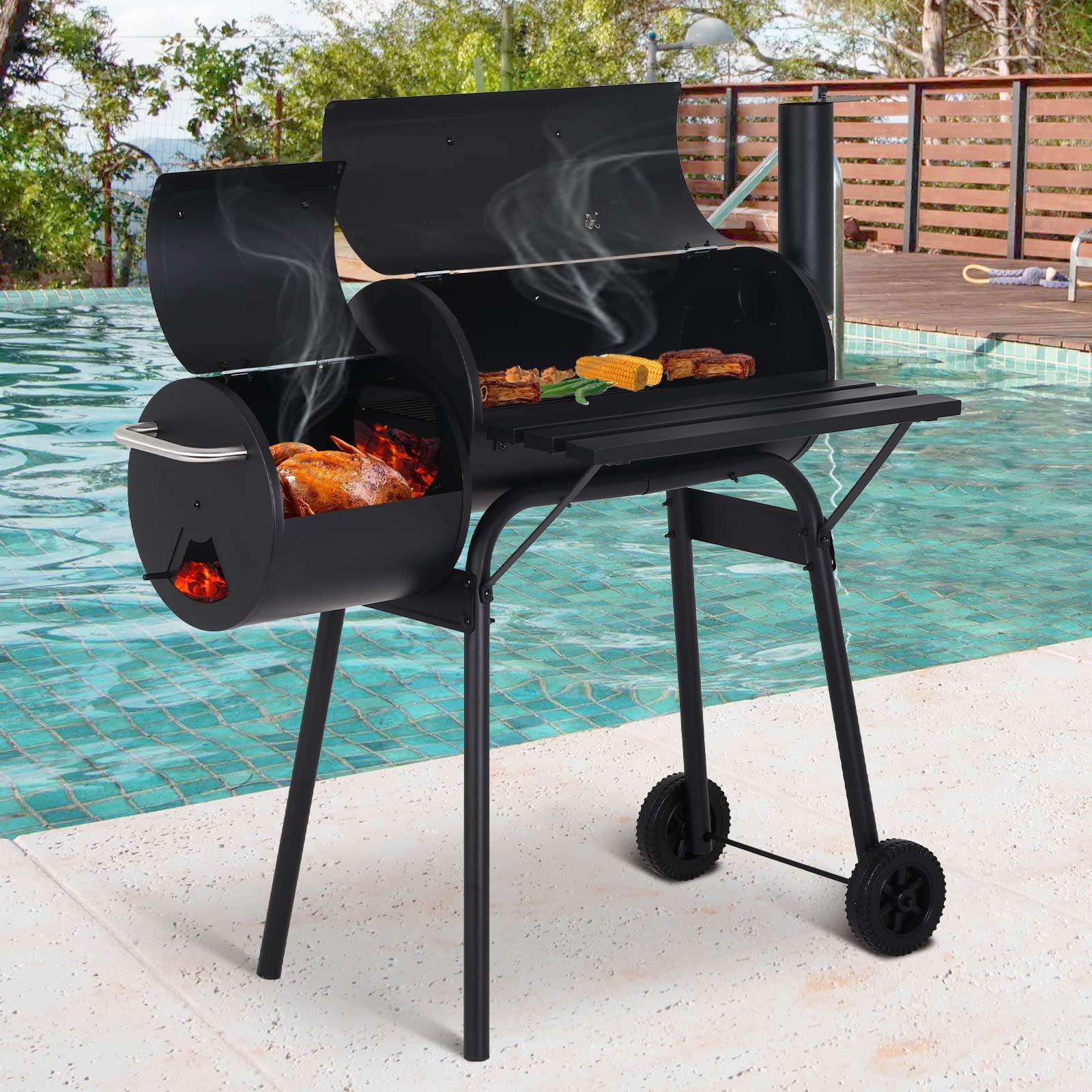 Charcoal Grills 43’’ Outdoor BBQ Grill Camping Grill, Stainless Steel Grill Offset Smoker with Cover, Portable Grill Patio Backyard Camping BBQ Barbecue Grill for Picnic Camping Party, Black - CookCave