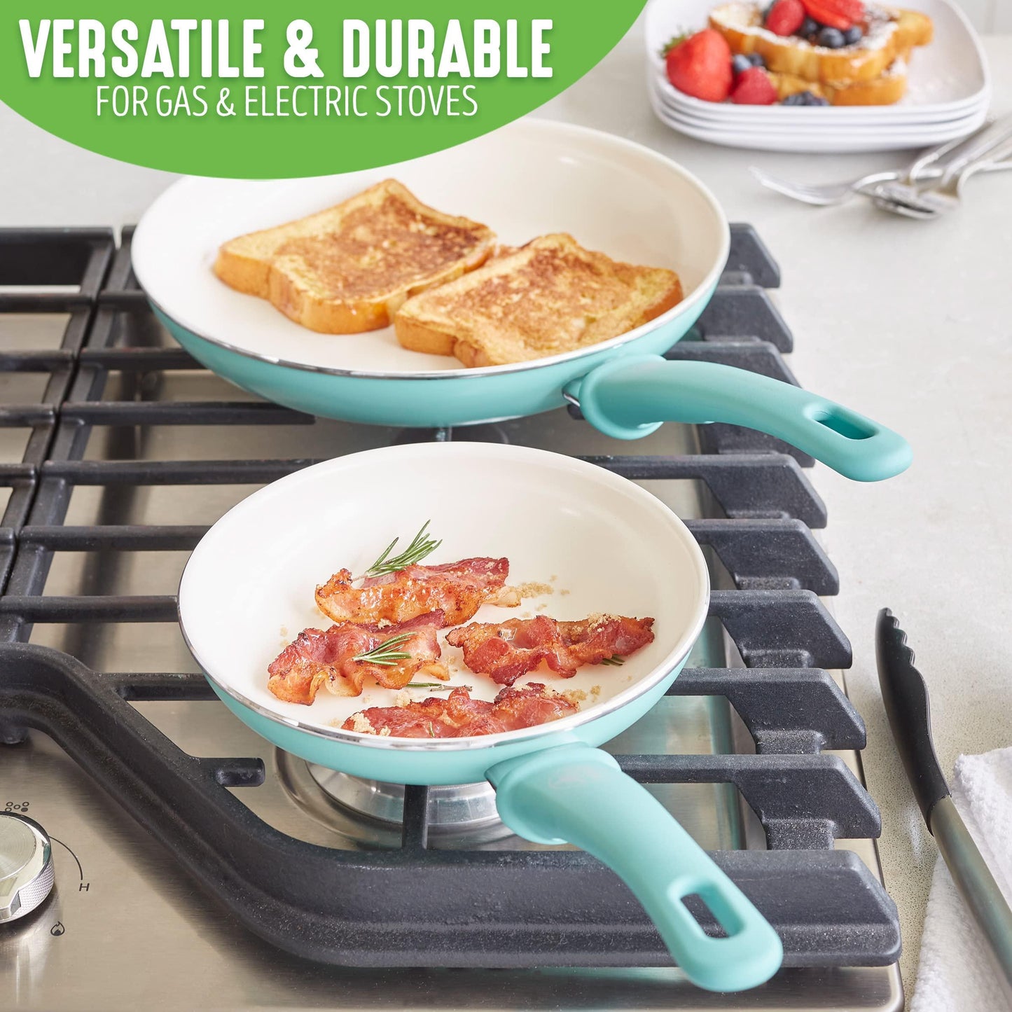 GreenLife Soft Grip Healthy Ceramic Nonstick 7" and 10" Frying Egg Omeltte Pan Skillet Set, PFAS-Free, Dishwasher Safe, Turquoise - CookCave