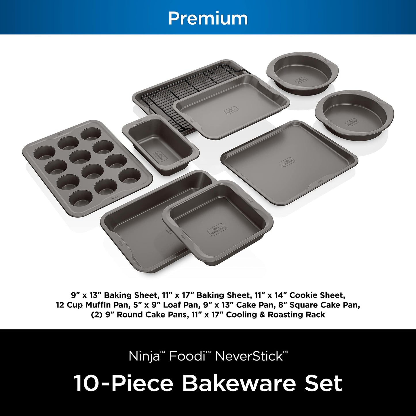 Ninja B39010 Foodi NeverStick Premium 10-Piece Bakeware Sheet Set, Oven Safe up to 500⁰F, with (2) Baking Sheets, Cookie Sheet, Loaf Pan, Muffin Pan, (4) Cake Pans & Cooling/Roasting Rack, Grey - CookCave