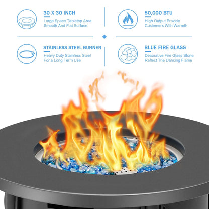 BALI OUTDOORS 30 Inch Round Gas Fire Pit Table, 50,000 BTU Propane Fire Pit Column with Blue Fire Glass Stone for Outside Patio and Garden - CookCave