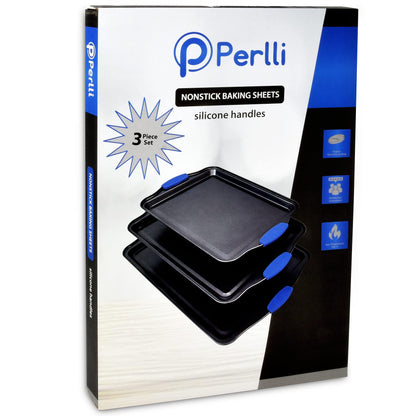 Perlli Cookie Sheets for Baking Non Stick Oven Pan Tray Baking Sheet 3-Piece Set (Small, Medium & Large) Carbon Steel BPA Free Cooking and Baking Trays for Cakes and Cookies with Blue Silicone Grips - CookCave