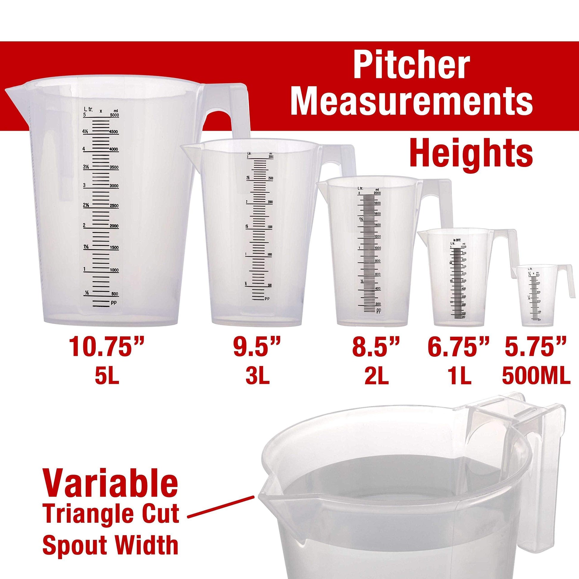 TCP Global 5 Piece Set of Plastic Graduated Measuring and Mixing Pitchers - 500, 1000 Quart, 2000, 3000, 5000 ml Gallon Sizes - Pouring Cups, Measure & Mix Paint, Resin, Epoxy, Kitchen Cooking Baking - CookCave