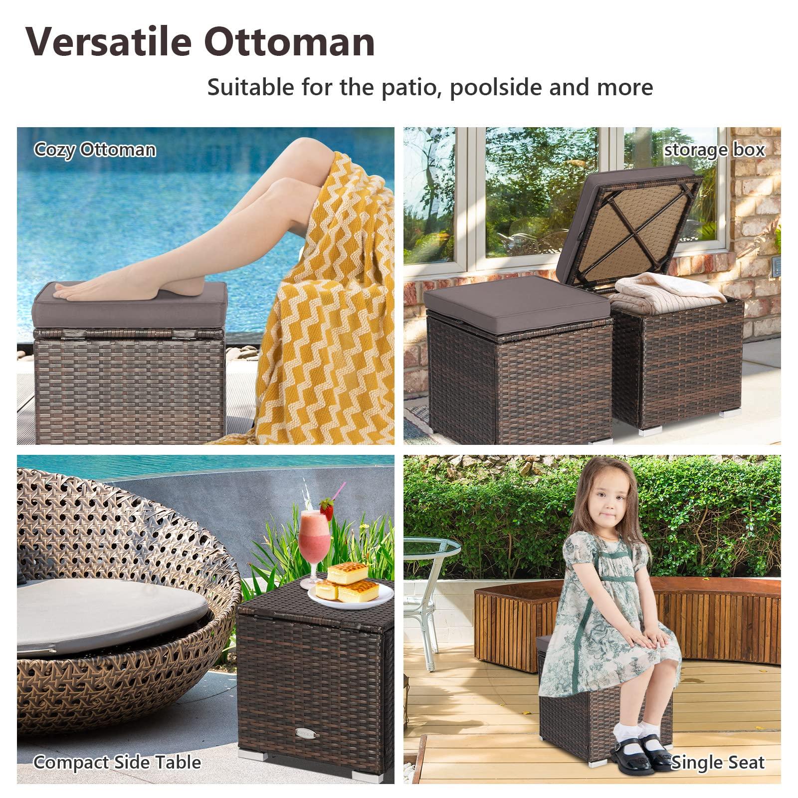 ORALNER 16" Outdoor Ottoman, Set of 2 Wicker Ottoman with Storage, All-Weather Rattan Cube Footstool w/Removable Cushions, Square Foot Rest Seating for Patio, Porch, Deck, Easy Assembly (Gray) - CookCave