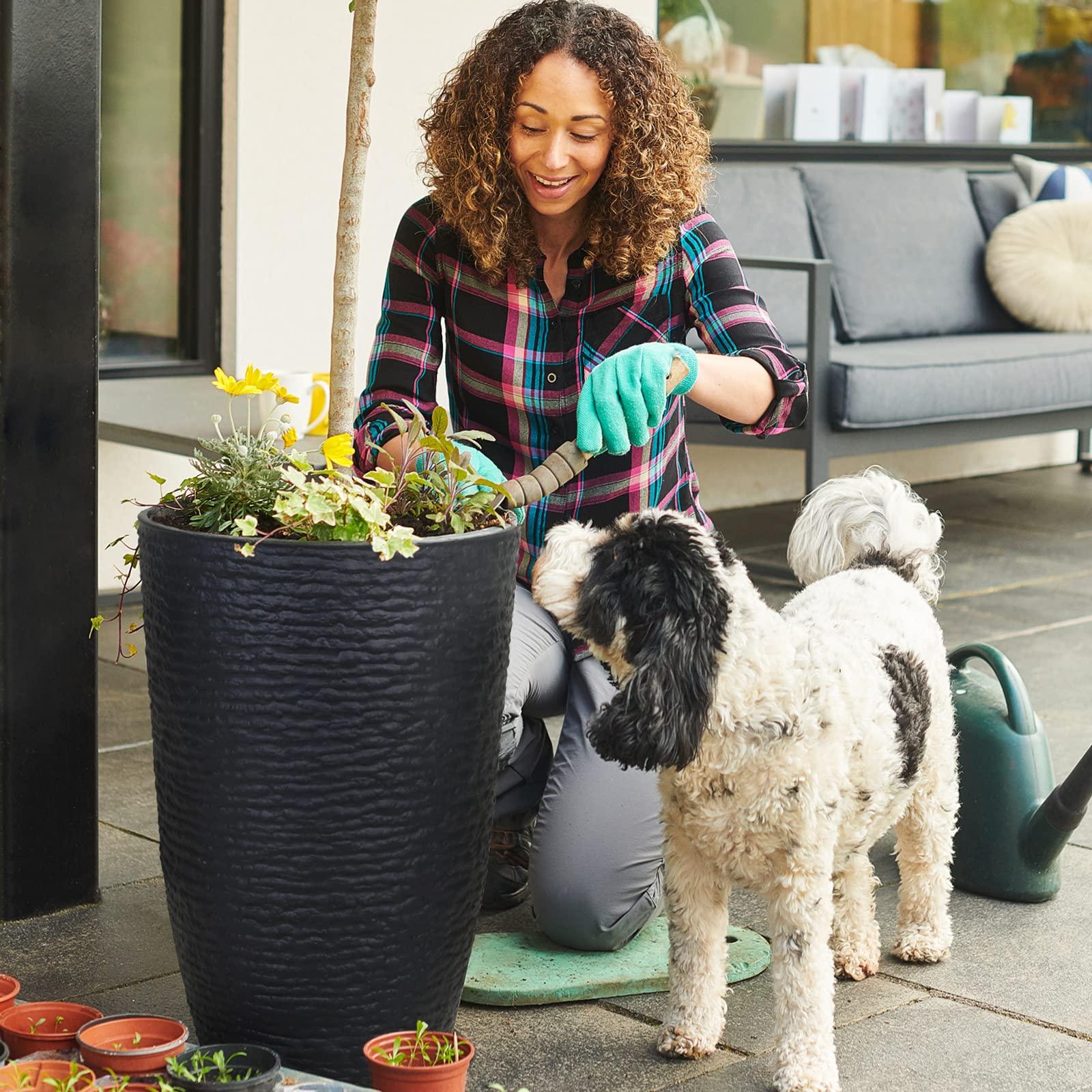 Worth Garden 21" H Tall Planters 2 Pack - 14'' Dia Resin Large Round Black Flower Pots for Outdoor Plants Trees - Imitation Stone Finish Plastic Indoor Front Porch 9 Gallon Decorative Container Patio - CookCave