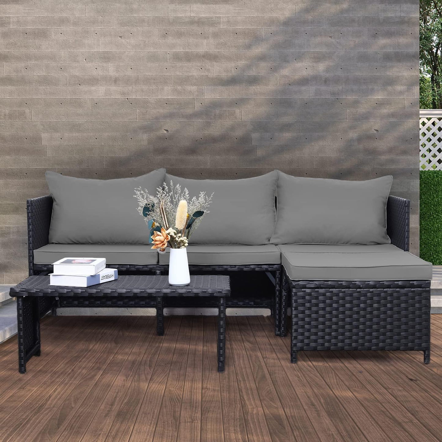 Valita 3-Piece Outdoor PE Rattan Furniture Set Patio Black Wicker Conversation Loveseat Sofa Sectional Couch Gray Cushion - CookCave