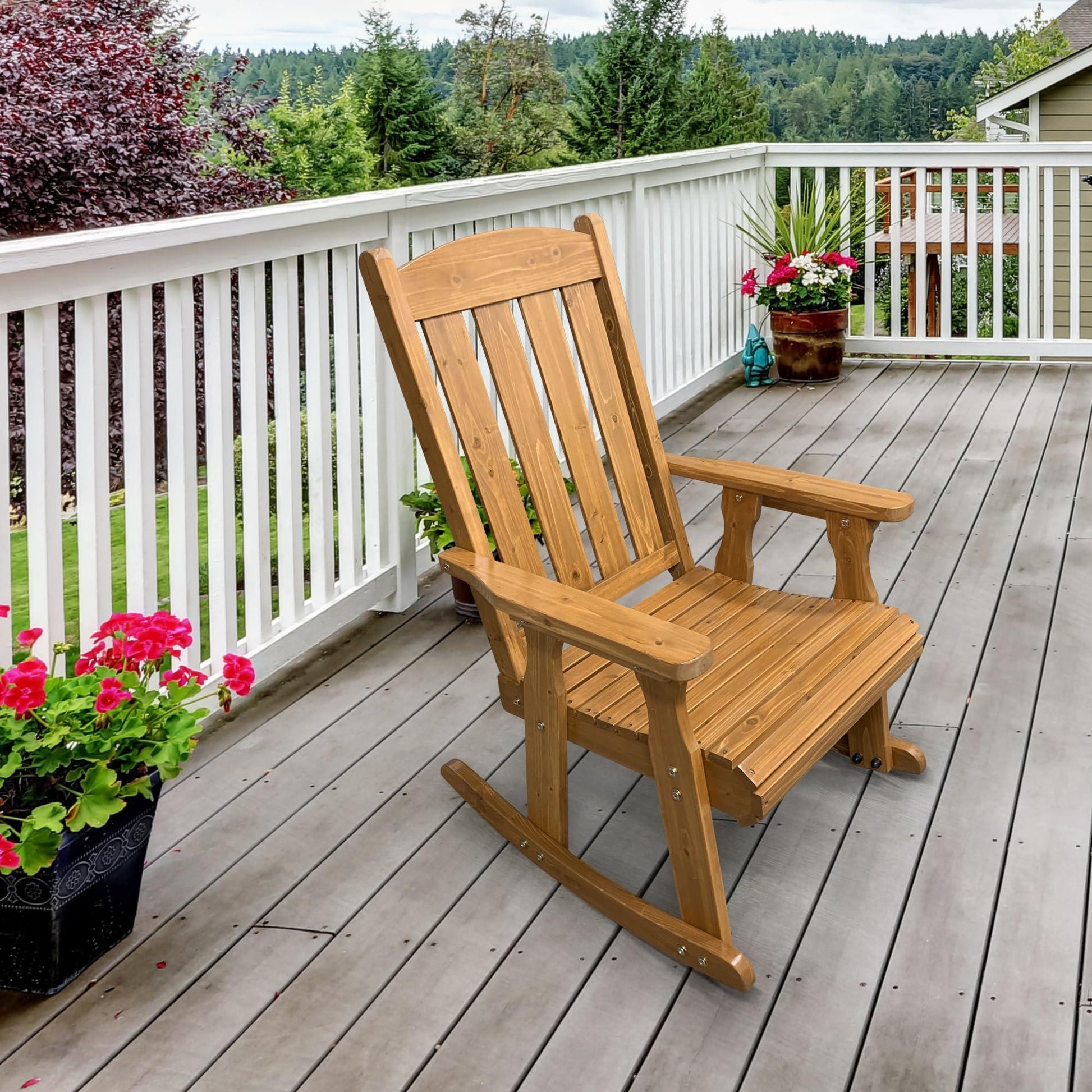 Wooden Rocking Chair with Comfortable Backrest Inclination, High Backrest and Deep Contoured Seat, Solid Fir Wood, Heavy Duty 600 LBS, for Both Outdoor and Indoor, Backyard, Porch and Patio - CookCave