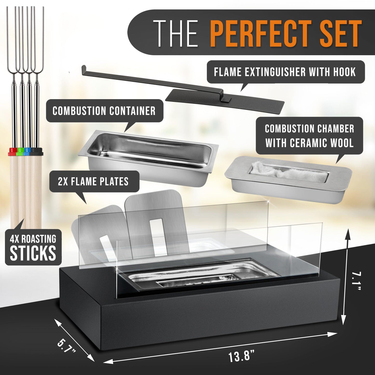 Flammtal Ethanol Tabletop Fire Pit - 3h Burn Time, Portable Indoor & Outdoor S'mores Maker with 4 Roasting Sticks and Adjustable Flames - CookCave