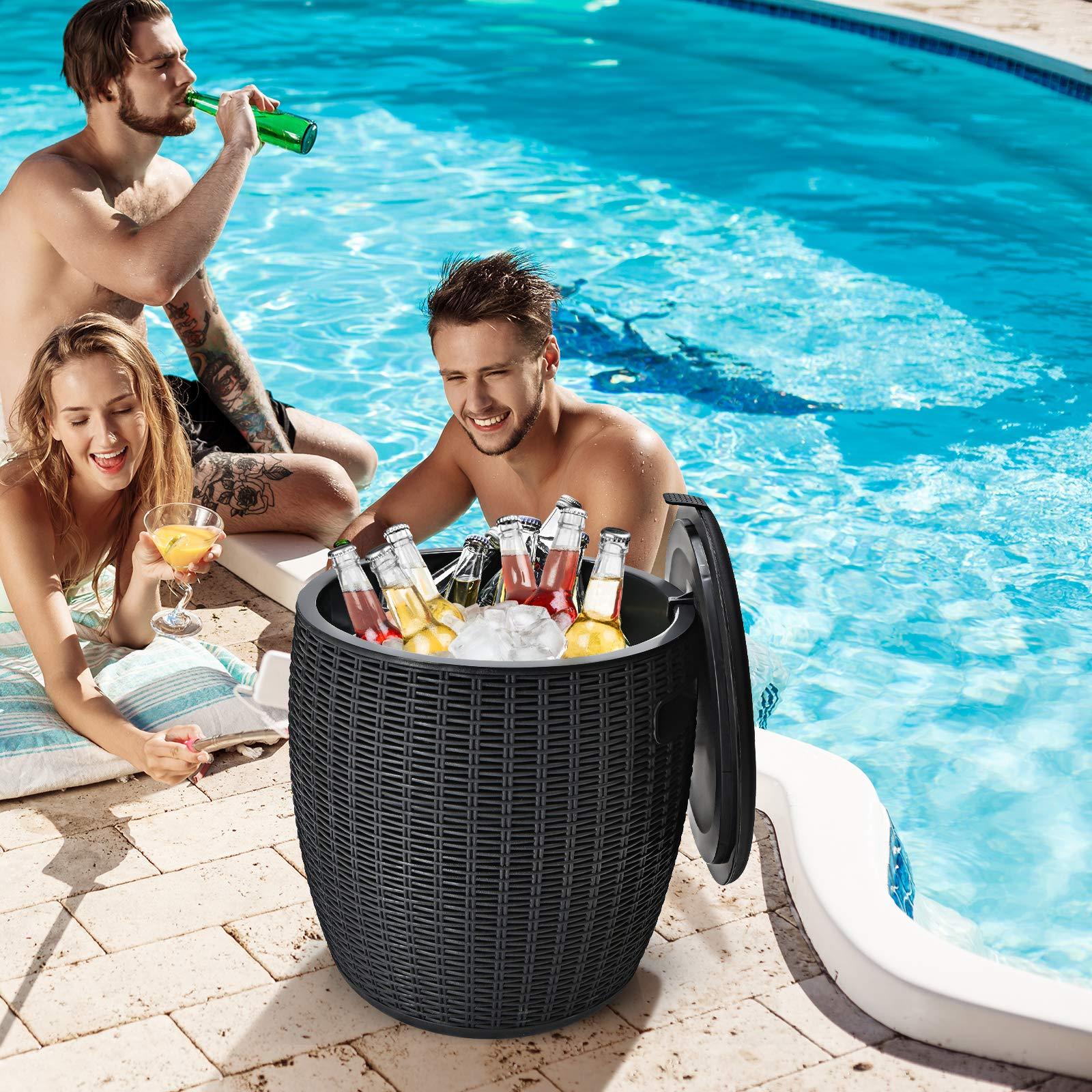 Giantex 9.5 Gallon Ice Cooler, Wicker Round Ice Chest, Outdoor Beer Wine Ice Bucket, Top Lid Side Handles Drainage Plug, Weather-resistant Patio Cool Bar Table for Cocktail Party Poolside Deck (Black) - CookCave