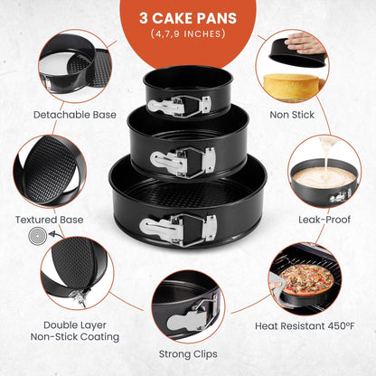 RFAQK 150PCs Cake Pan Set for Baking + Cake Decorating Supplies: 3 Round Non Stick Springform Pan Set (4, 7, 9 inches),24 Icing Tips,Cake Leveler–Multi-functional Leak-Proof Cake Pans & eBook - CookCave