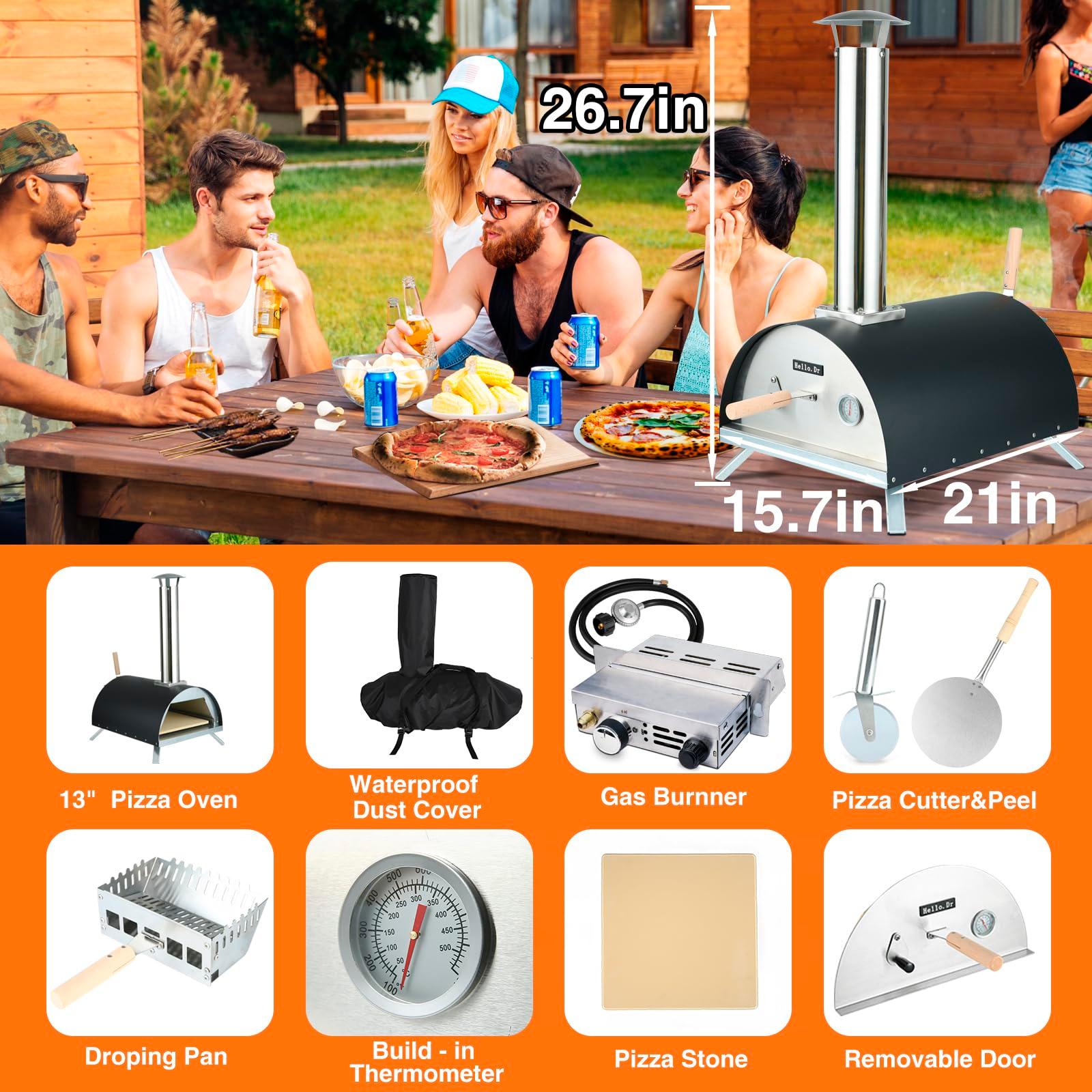 Hello. Dr 13" Multi-Fuel Pizza Oven Outdoor - Portable Wood Pellet and Gas Pizza Oven - Countertop Pizza Oven with Built-in Thermometer,Pizza Cutter & Carry Bag, for Outside Backyard Outdoor Kitchen - CookCave