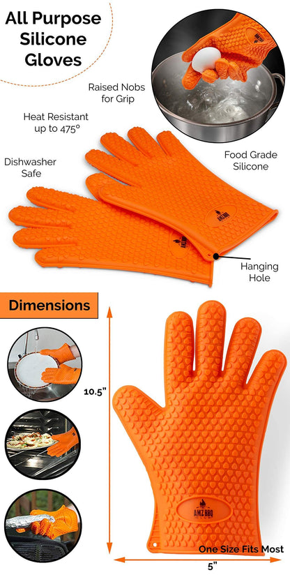 AMZ BBQ CLUB - Meat Claws Bbq Grill Accessories Set - 2 Silicone Gloves, Claws For Pulled Pork, BBQ Thermometer - Perfect Smoker Accessories Grilling Tools Gift Set For (Orange Glove-Thermometer-Claw) - CookCave