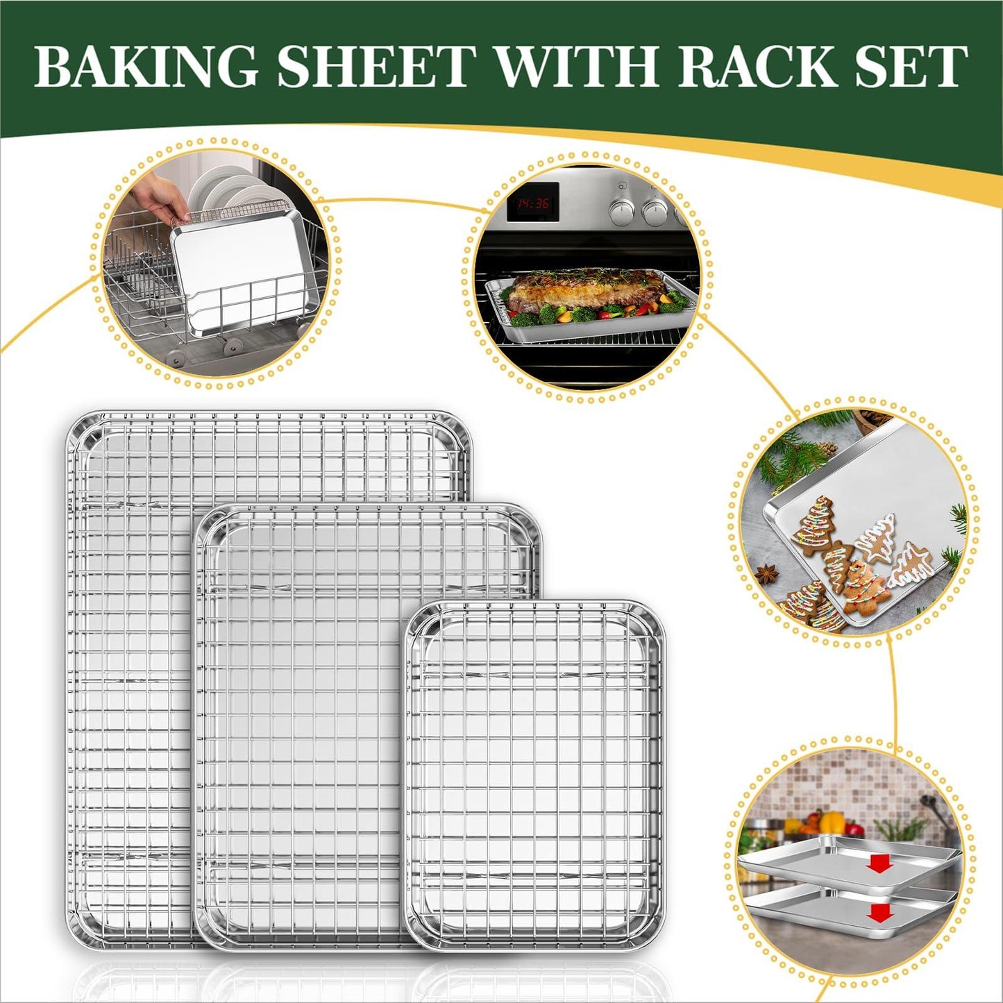 Baking Sheet with Wire Rack Set (3 Baking Pans + 3 Cooling Racks), Fire More Stainless Steel Cookie Sheets for Baking, Sheet Pan & Baking Rack Set, Nonstick & Heavy Duty & Easy Clean- 9/12/16 Inches - CookCave