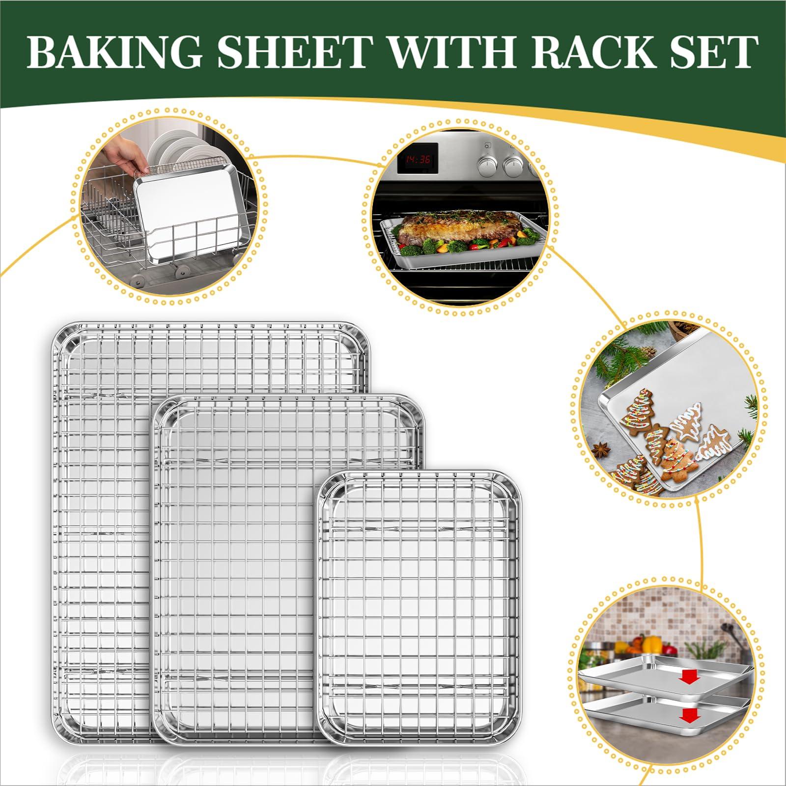 Baking Sheet with Wire Rack Set (3 Baking Pans + 3 Cooling Racks), Fire More Stainless Steel Cookie Sheets for Baking, Sheet Pan & Baking Rack Set, Nonstick & Heavy Duty & Easy Clean- 9/12/16 Inches - CookCave