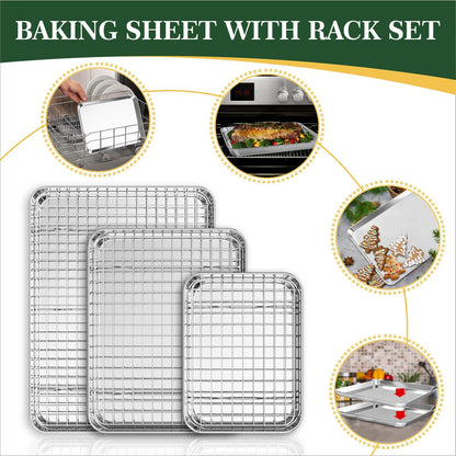 Baking Sheet with Wire Rack Set (3 Baking Pans + 3 Cooling Racks), Fire More Stainless Steel Cookie Sheets for Baking, Sheet Pan & Baking Rack Set, Nonstick & Heavy Duty & Easy Clean- 9/12/16 Inches - CookCave