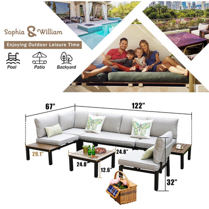 Sophia & William 6 Pieces Outdoor Patio Furniture Set, Metal Sectional Sofa Set Patio Conversation Set with Cushions-2 x Single Sofa with Side Table,2 x Single Sofa,1 x 2-Seat Sofa,1 x Tea Table - CookCave