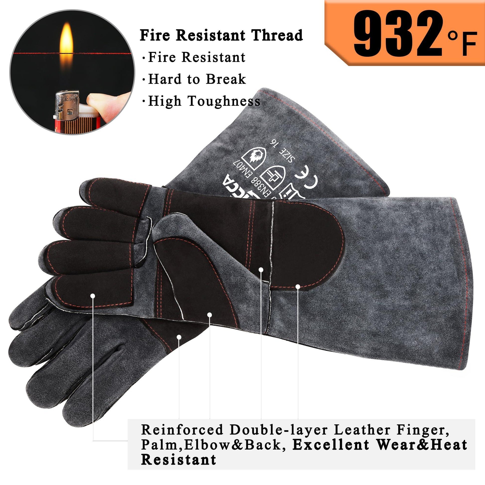 RAPICCA Fireplace Gloves Fire Heat Resistant: Dark-Grey 16IN 932℉ - Fireproof Leather for Fireplace Fire pit Wood stove Campfire Furnace BBQ Grill Stick Mig Welding Welder Gear - one size - CookCave