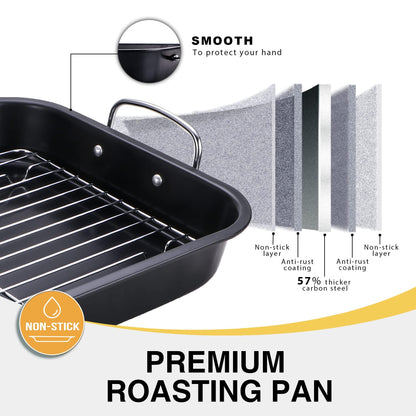 HONGBAKE Small Roasting Pan with Flat Rack, Nonstick Chicken Roaster Tray, Mini Oven Pans for Cooking Lasagna with Stainless Steel Handles, 16 X 11Inch - CookCave