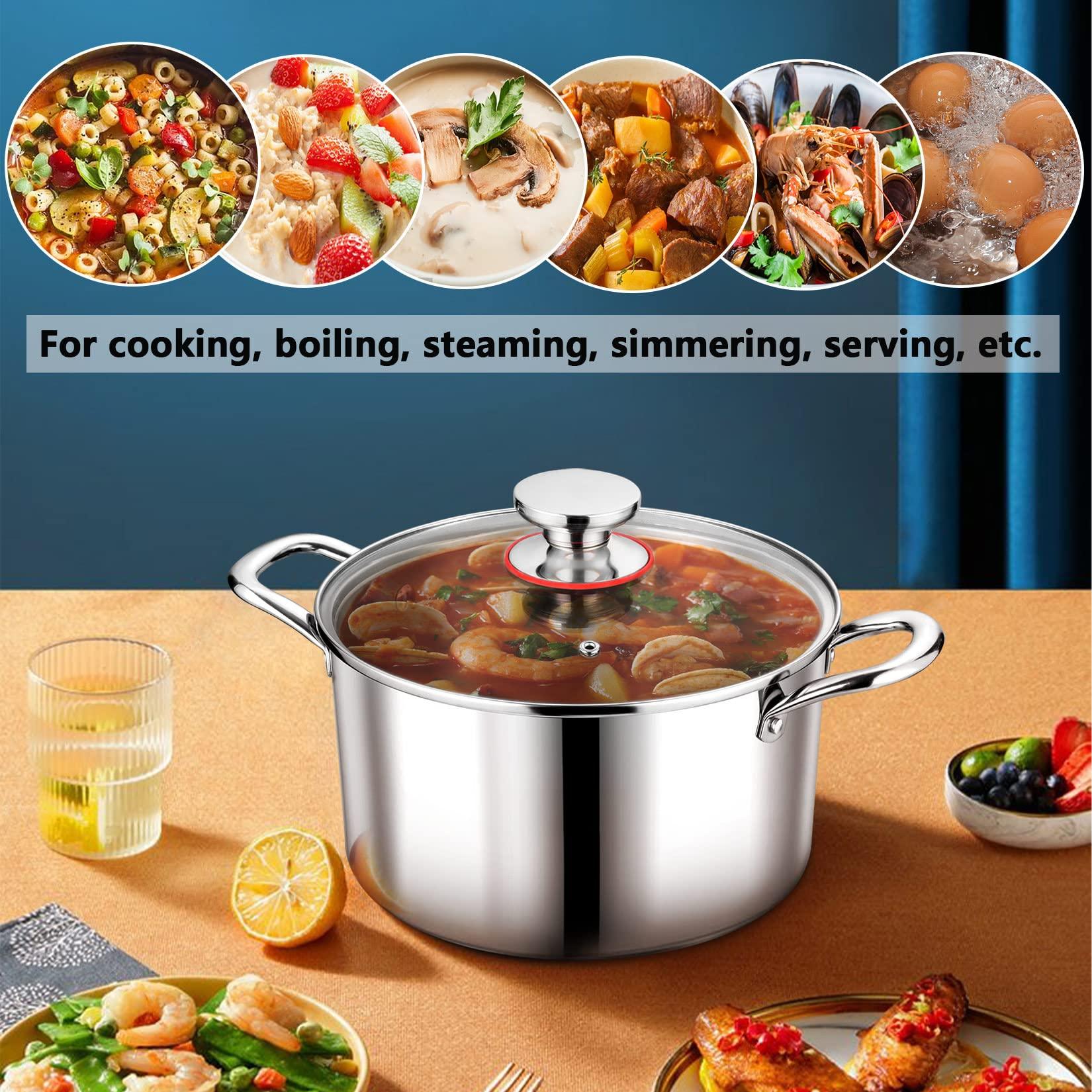 P&P CHEF Tri-Ply Stainless Steel Stockpot (5 QT), Large Stock pot with Visible Lid for Soup Pasta Vegetable, Induction Cooking Pot for All Stoves, Heavy-Duty Pot with Double Handle, Dishwasher Safe - CookCave