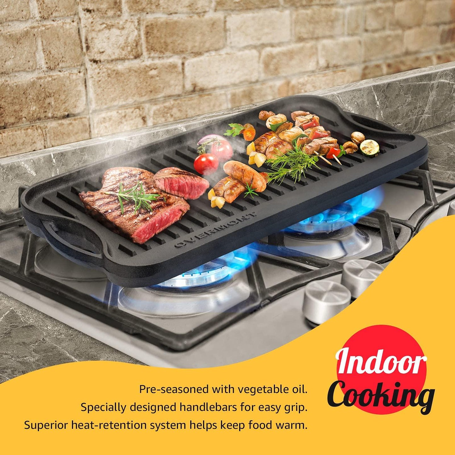 Overmont Pre-seasoned 17x9.8" Cast Iron Reversible Griddle Grill Pan with handles for Gas Stovetop Open Fire Oven, One tray, Scrapers Included - CookCave