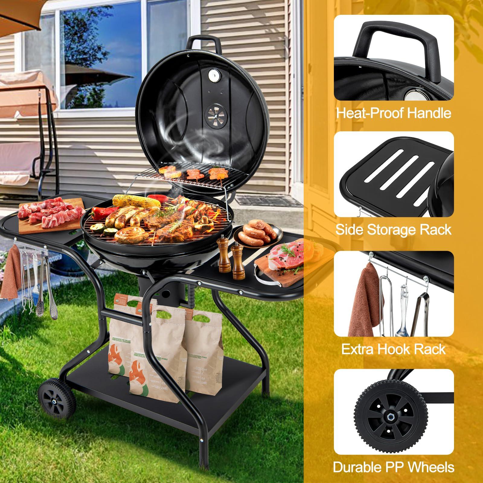 Giantex Kettle Charcoal Grill 22-Inch, Porcelain Enamel Body and Lid, 2 Side Tables with 4 Hooks, Storage Shelf, Upgraded Ash Catcher, Thermometer, Air Vents, Outdoor Cooking Barbecue Grill - CookCave