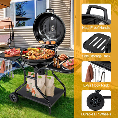 Giantex Kettle Charcoal Grill 22-Inch, Porcelain Enamel Body and Lid, 2 Side Tables with 4 Hooks, Storage Shelf, Upgraded Ash Catcher, Thermometer, Air Vents, Outdoor Cooking Barbecue Grill - CookCave