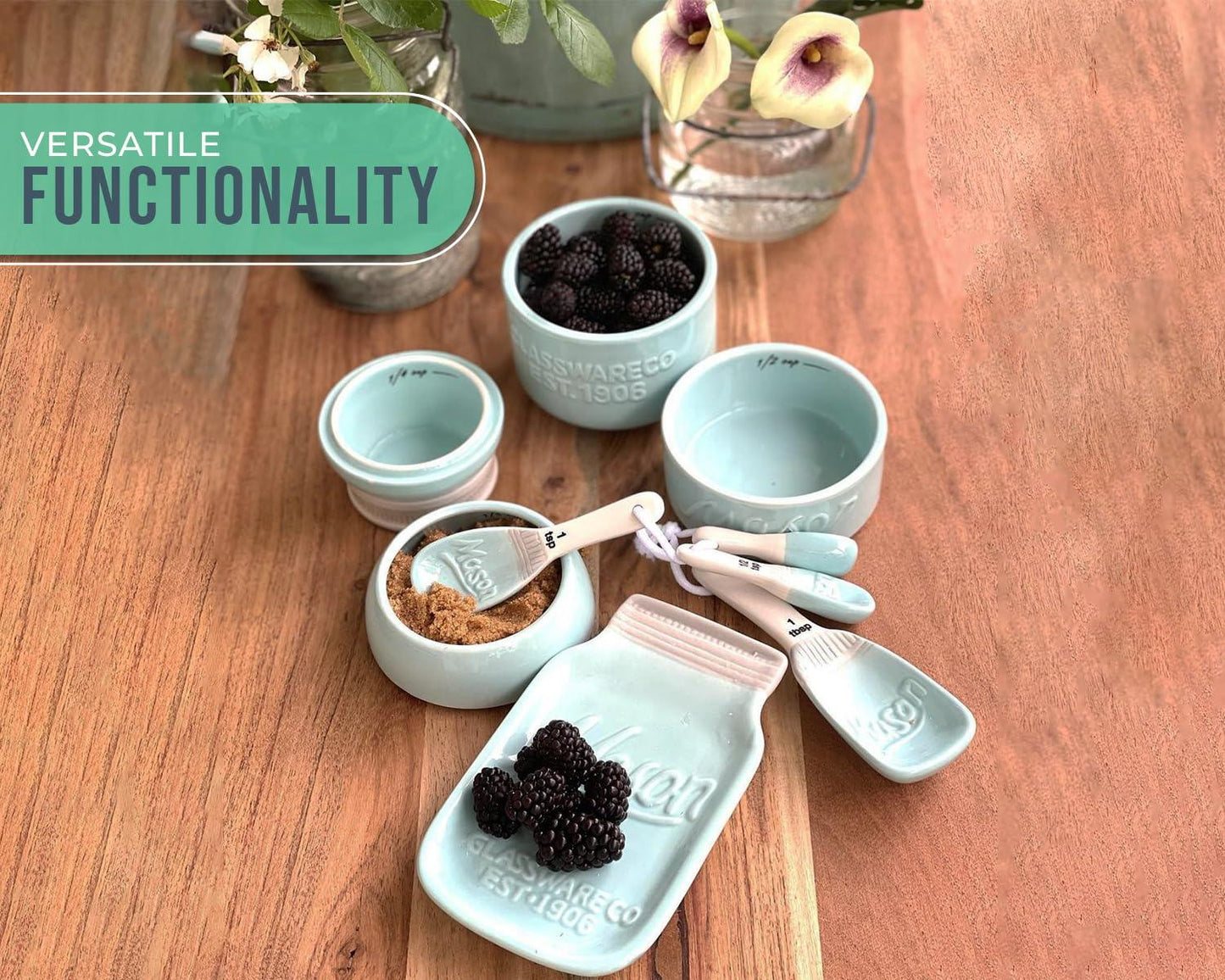 Vintage Mason Jar Kitchenware Set by Comfify - Multi-Piece Kitchen Ceramic Décor Set w/ 4 Measuring Cups, 4 Measuring Spoons and Spoon Rest - Attractive Vintage Style, in Aqua Blue Embossed Ceramic - CookCave