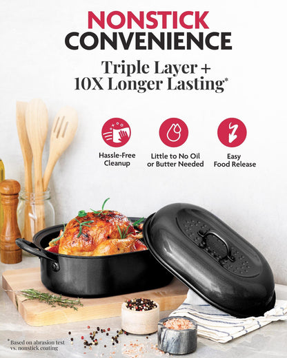 Granitestone 18.8 Inch XL Turkey Roaster Pan with Lid - Ultra Nonstick Turkey Pan for Oven with Grooved Bottom for Basting, Large Roasting Pan for Oven Serves 6-12 People, Dishwasher Safe, PFOA Free - CookCave