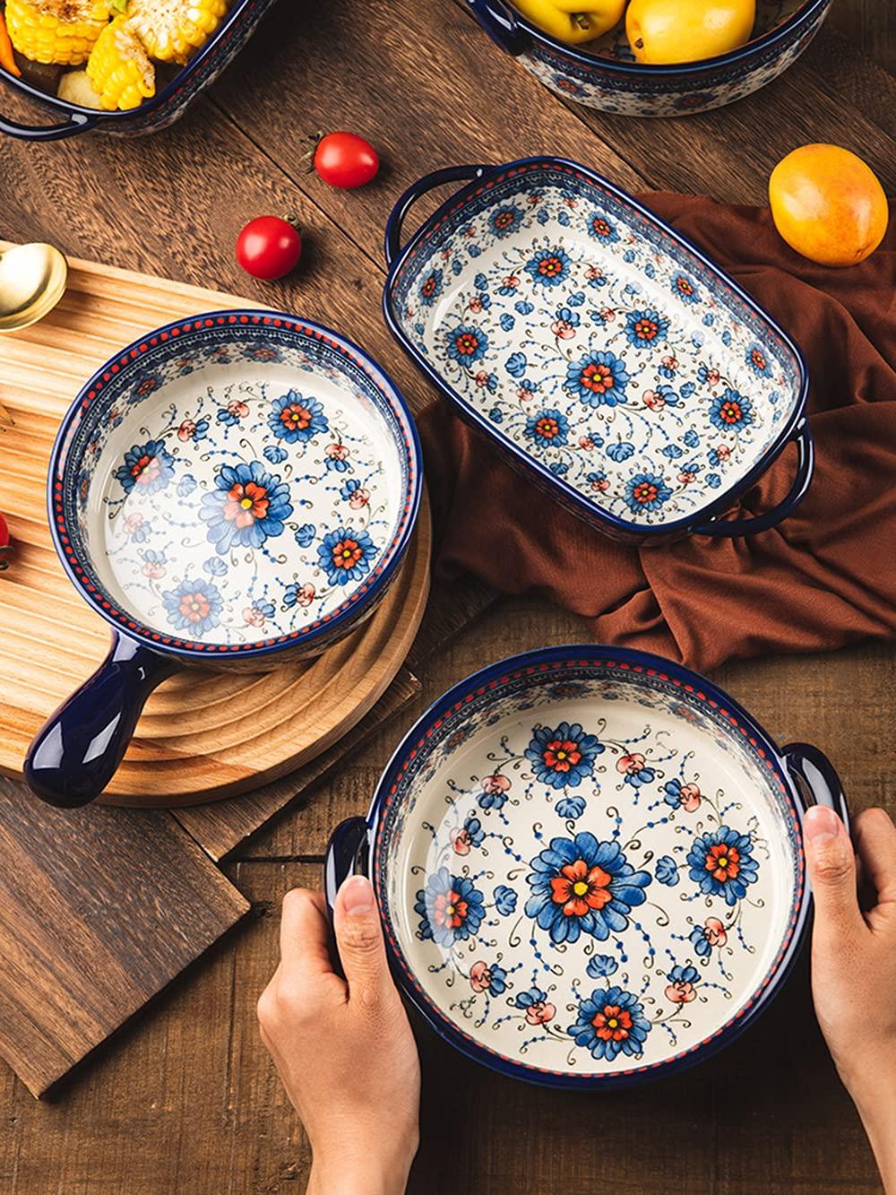 Bicuzat Blue and Orange Flower Vintage Style Ceramic Bakeware Casserole Dish Baking Pan Lasagna Pans with Handles for Oven/Cooking/Kitchen-1 PCS-22 OZ - CookCave