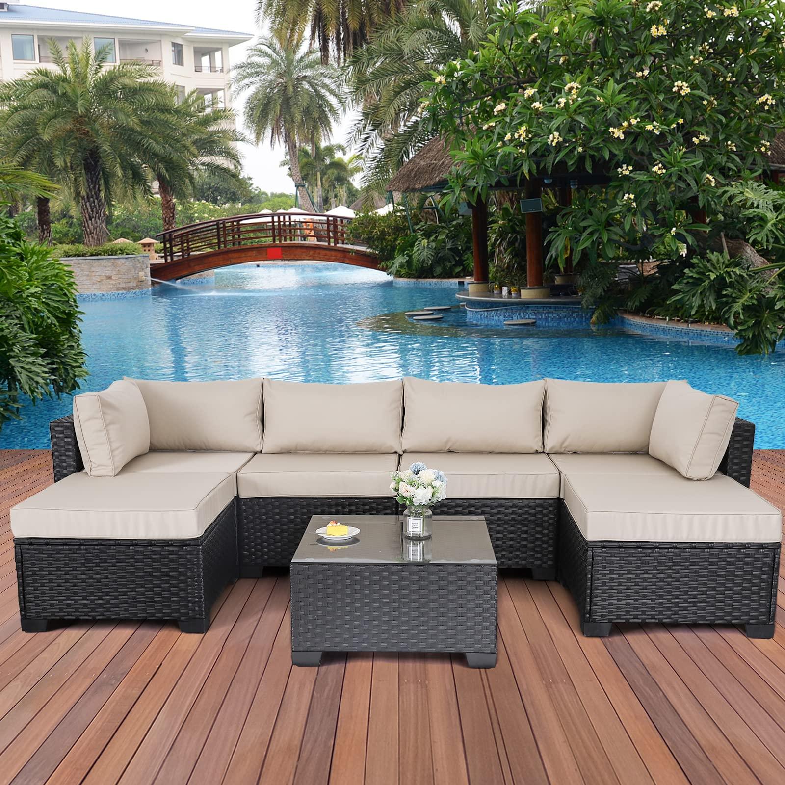 Lviden 7 Pieces Outdoor PE Wicker Furniture Set Patio Rattan Sectional Conversation Sofa Set with Khaki Cushions and Glass Top Table - CookCave