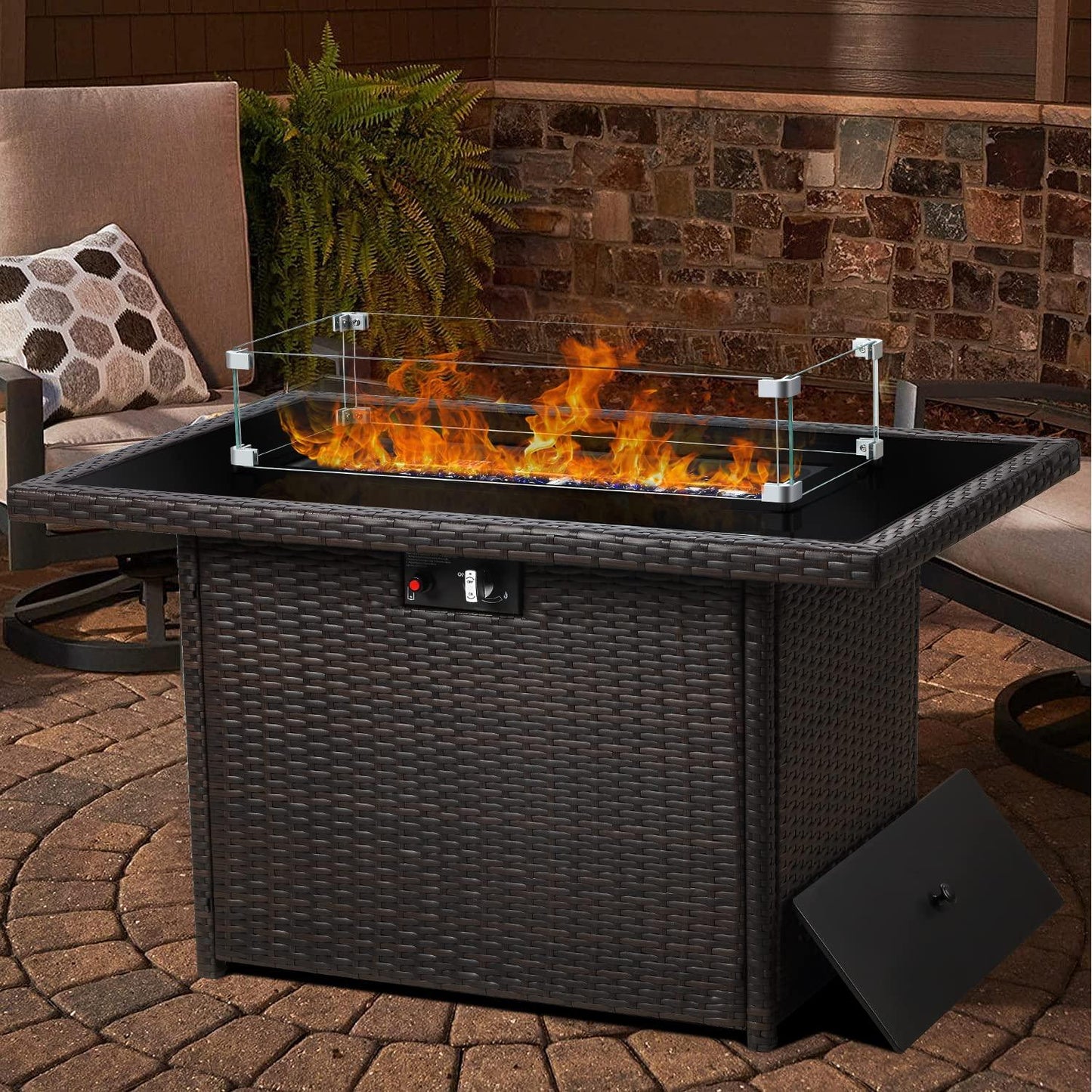 LayinSun 44" Propane Gas Fire Pit Table, 55000 BTU Rectangular Fire Pit with Glass Wind Guard for Outside Patio Deck Garden Backyard - CookCave