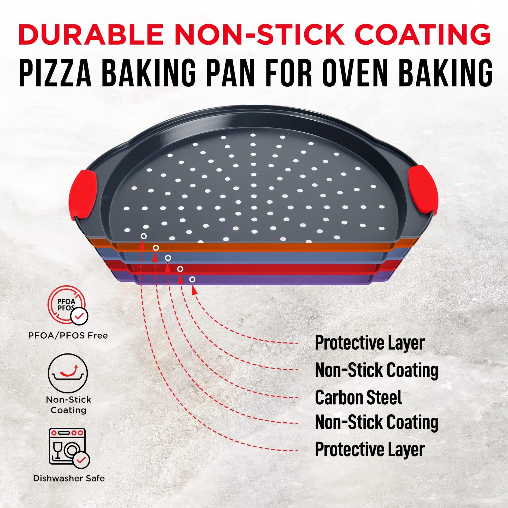 Pizza Tray – 2 Round with Silicone Handles – Carbon Steel Pizza Pan with Holes and Non-Stick Coating – PFOA PFOS and PTFE Free by Bakken - CookCave