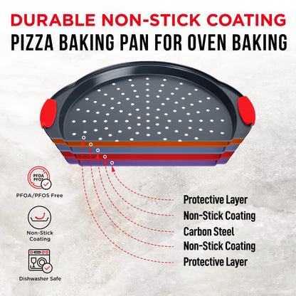 Pizza Tray – 2 Round with Silicone Handles – Carbon Steel Pizza Pan with Holes and Non-Stick Coating – PFOA PFOS and PTFE Free by Bakken - CookCave