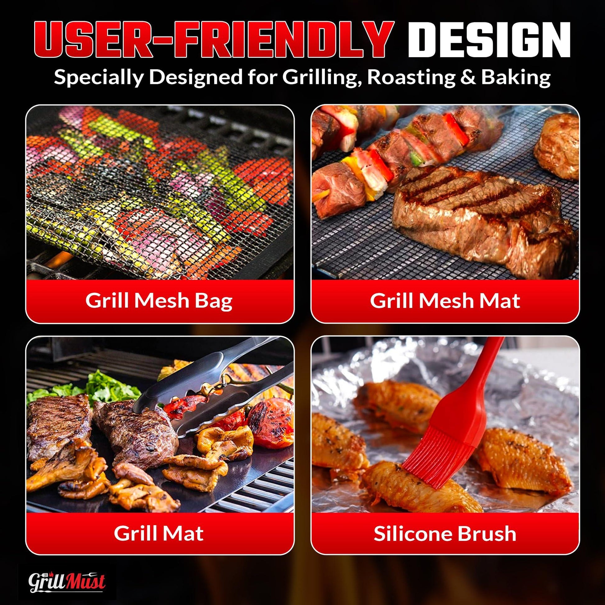 GrillMust Large Grilling Bags Premium Set-2 x Mesh Grill Bags for Outdoor Grill 12x9.5″- 1 x Grill Mats - 1 x Mesh Grill Mat 16x13″ - 1 x Silicone Brush. Smoking Meat Accessories-Ideal Gifts For Men. - CookCave