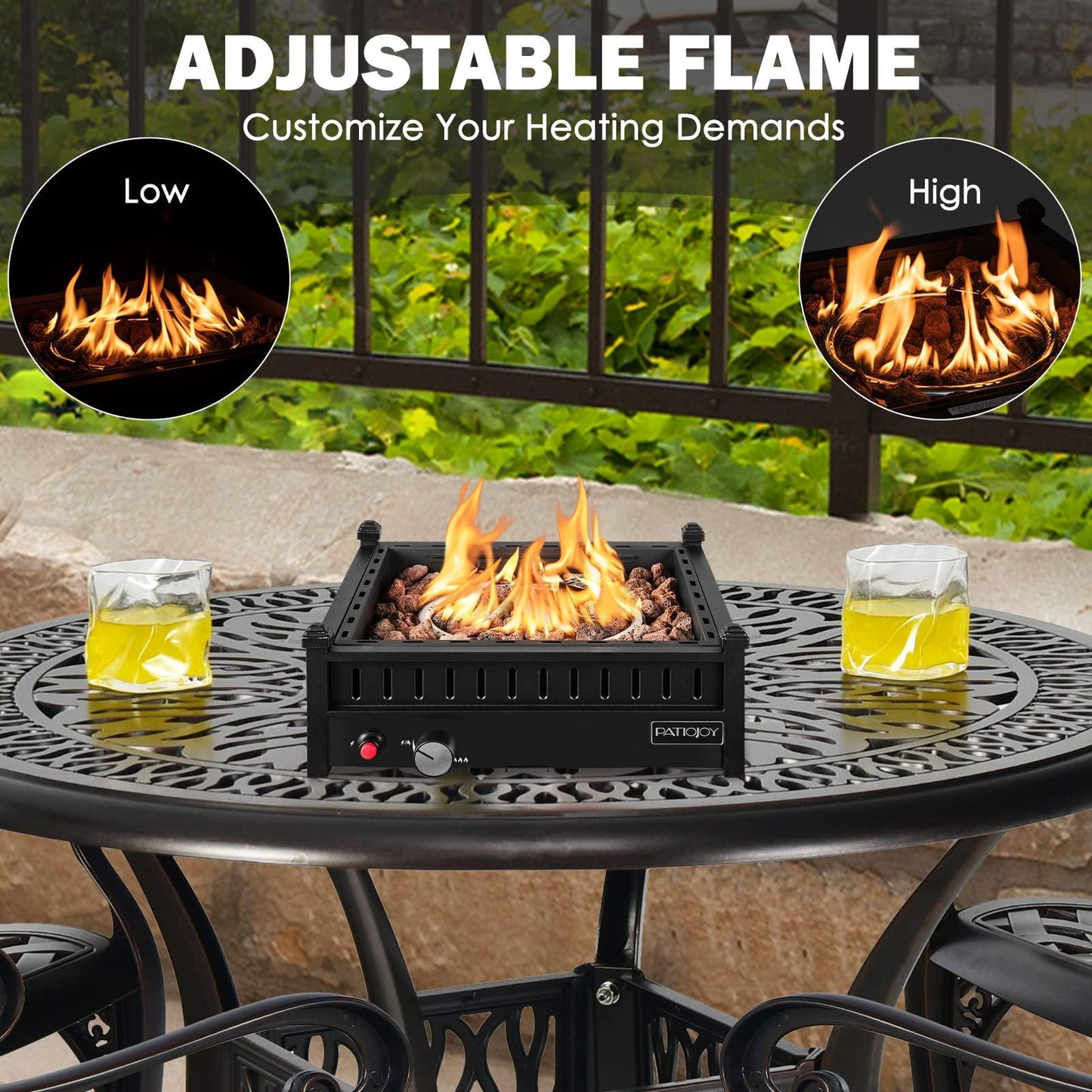 Tangkula Portable Tabletop Propane Fire Pit, Patiojoy 40,000 BTU Table Top Fireplace with Simple Ignition System, Adjustable Flame, Square Propane Firepit Bowl for Outdoors, Fit 2” Umbrella Hole Table - CookCave