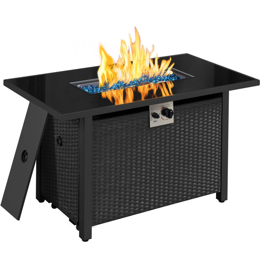 Yaheetech 43 in Outdoor Propane Fire Pit 50,000 BTU Gas Fire Pit Table with Glass Tabletop, Rattan Wicker Base and Waterproof Cover, Rectangle Gas Firepit Table for Garden/Patio, CSA Certification - CookCave