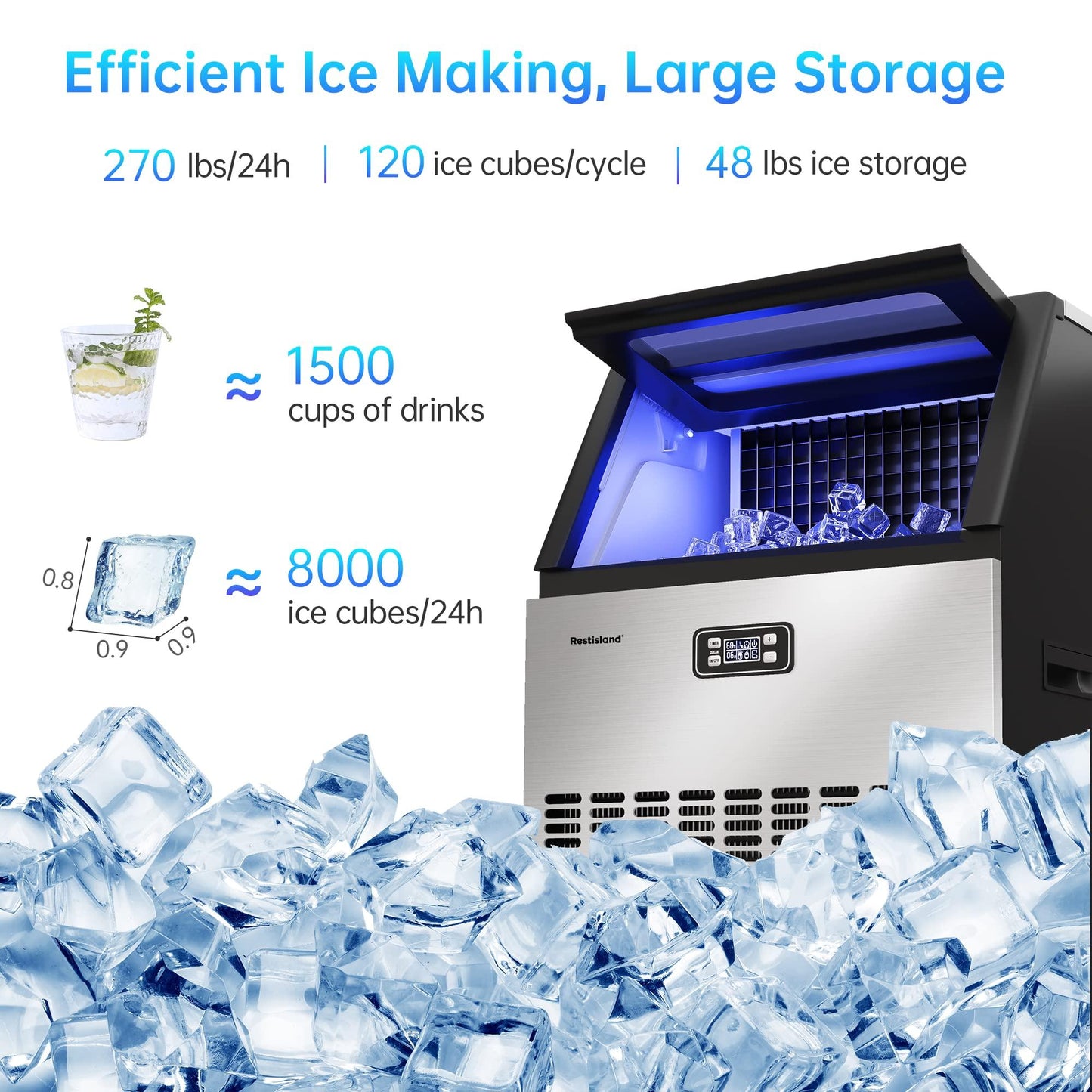 RESTISLAND Commercial Ice Maker Machine, 270 lbs/24 Hours, 48 lbs Storage Bin, Stainless Steel, Blue Light, Freestanding, Great for Home or Business, Includes Ice Scoop, Connecting Hose - CookCave