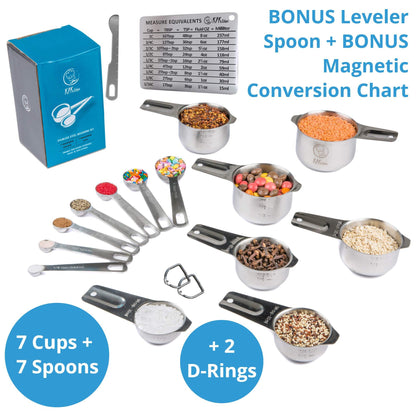 Stainless Steel Measuring Cups and Spoons Set of 16-7 Cup & 7 Spoon + Conversion Chart & Leveler - Kitchen Measuring Spoons and Cups - Dry Measure Cups Stainless Steel & Baking Metal Measuring Cups - CookCave