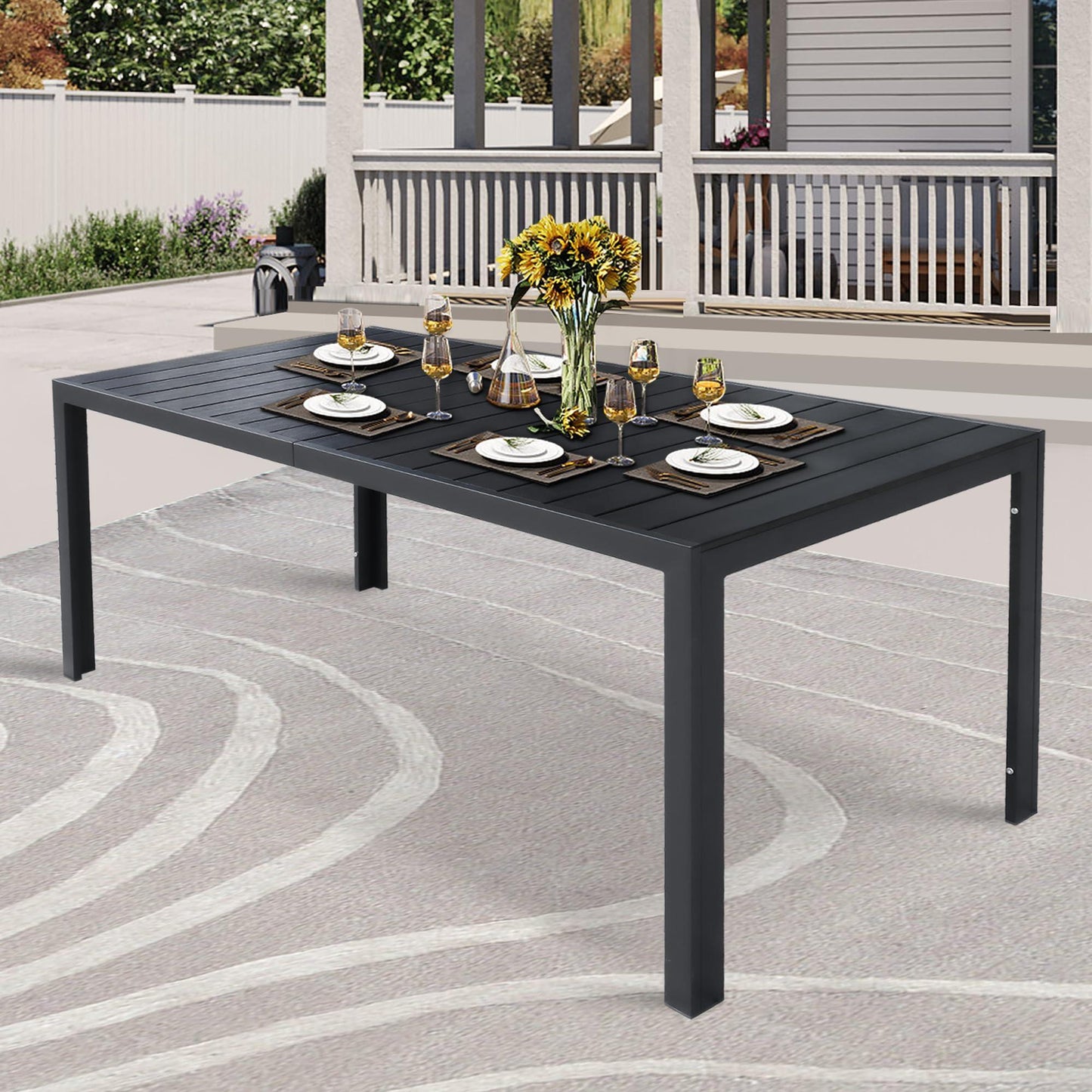 Vilobos Patio Outdoor Dining Table for 8, 71" Aluminum Frame Rectangle Table, Heavy Duty Patio Furniture for Garden, Picnic Table Easy Install Indoor Outdoor Black - CookCave