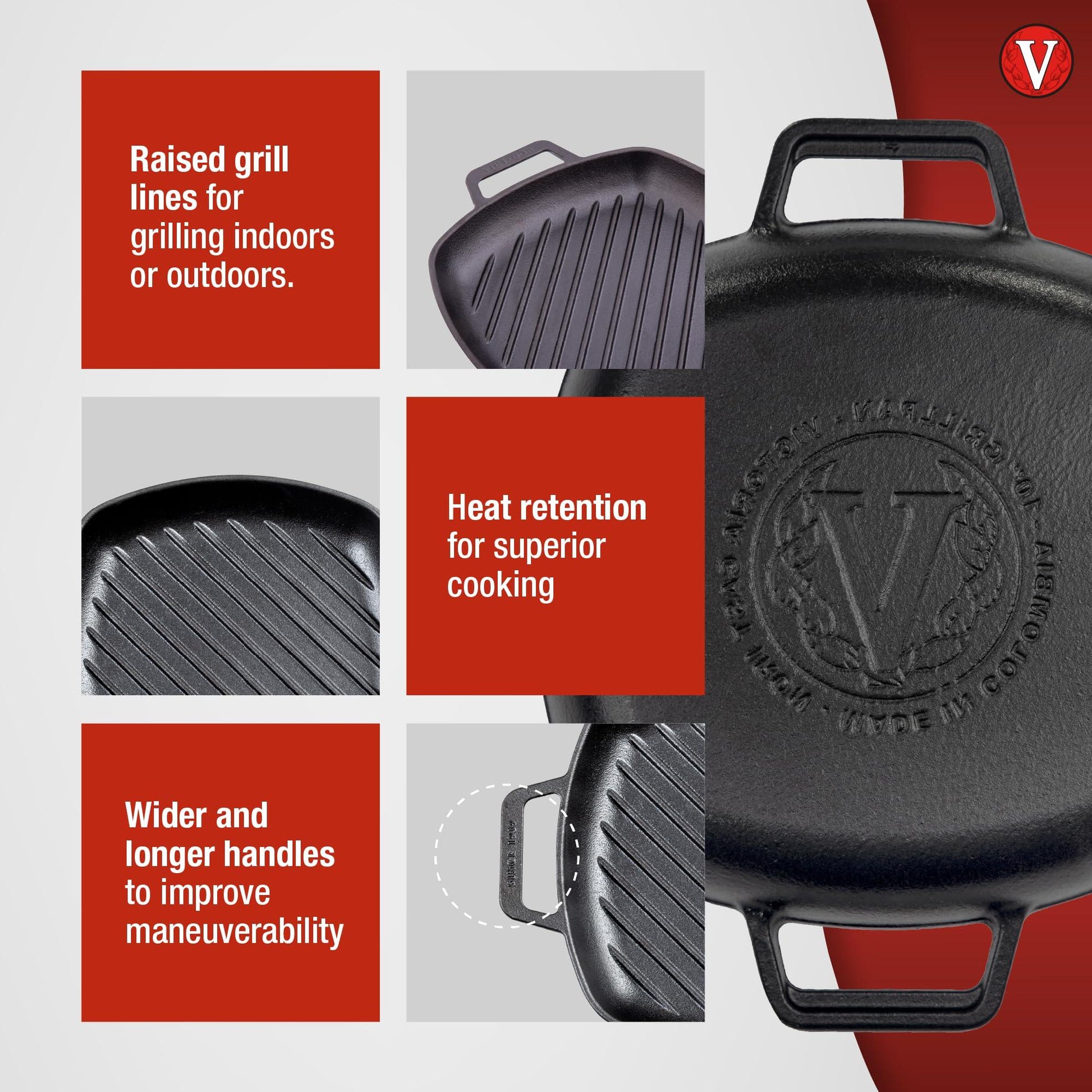 Victoria Cast Iron Round Grill Pan with Double Loop Handles, Made in Colombia, 10 Inches - CookCave