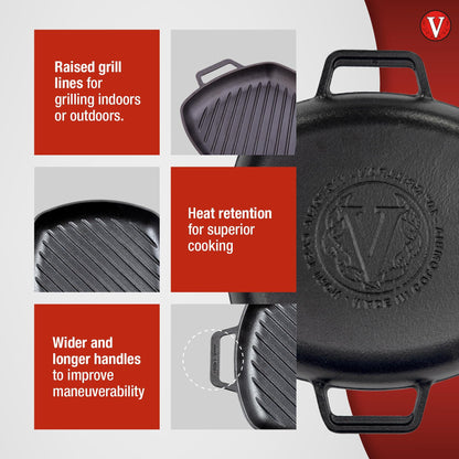 Victoria Cast Iron Round Grill Pan with Double Loop Handles, Made in Colombia, 10 Inches - CookCave