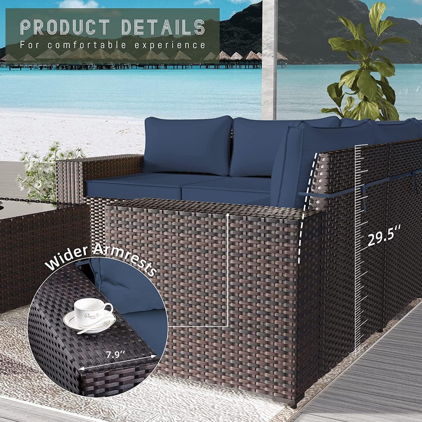 RTDTD Outdoor Patio Furniture Set, 6 Pieces Outdoor Furniture All Weather Patio Sectional Sofa PE Wicker Modular Conversation Sets with Coffee Table,5 Chairs & Seat Clips Dark Blue - CookCave