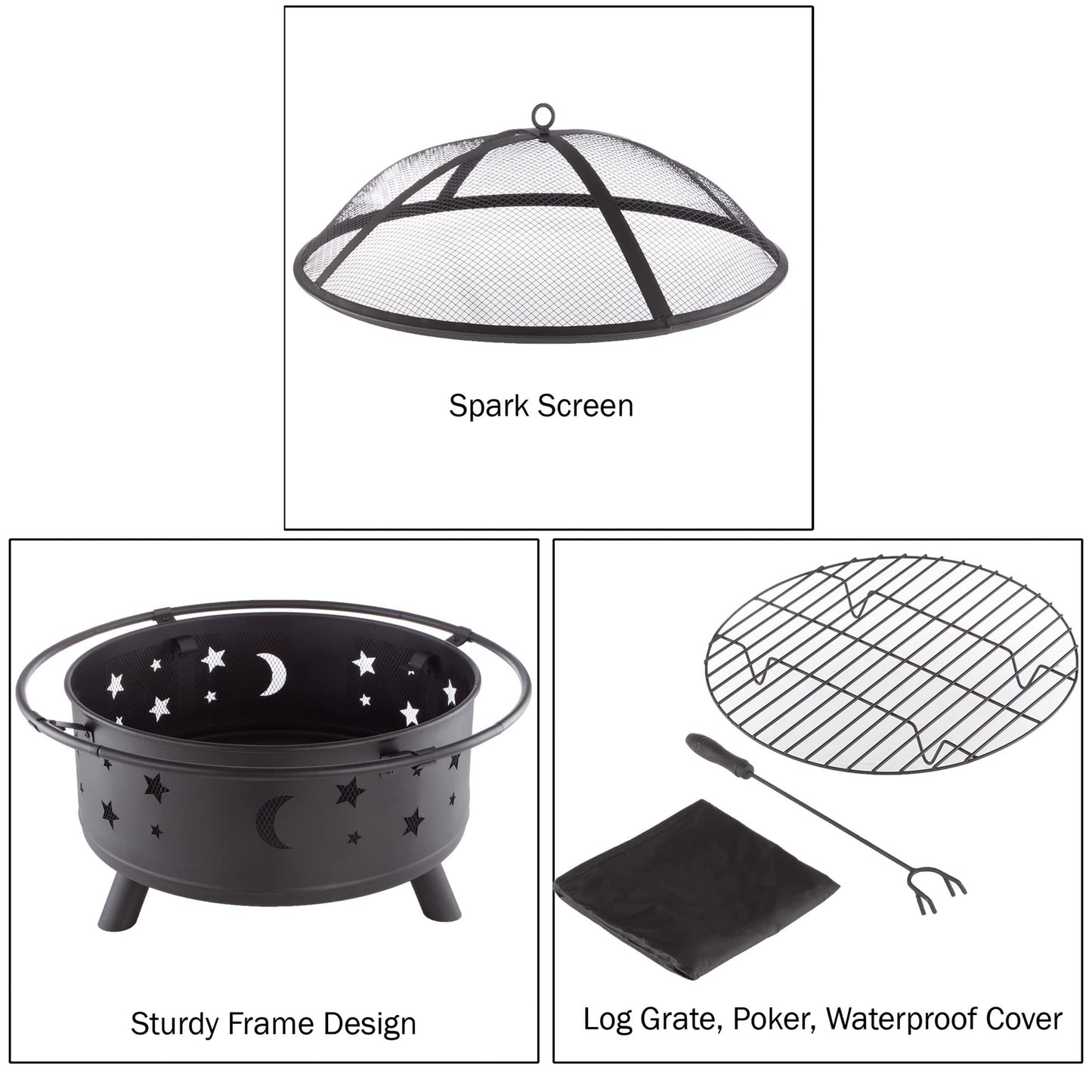 Fire Pit Set, Wood Burning Pit - Includes Screen, Cover and Log Poker- Great for Outdoor and Patio, 30 inch Round Star and Moon Firepit by Pure Garden - CookCave